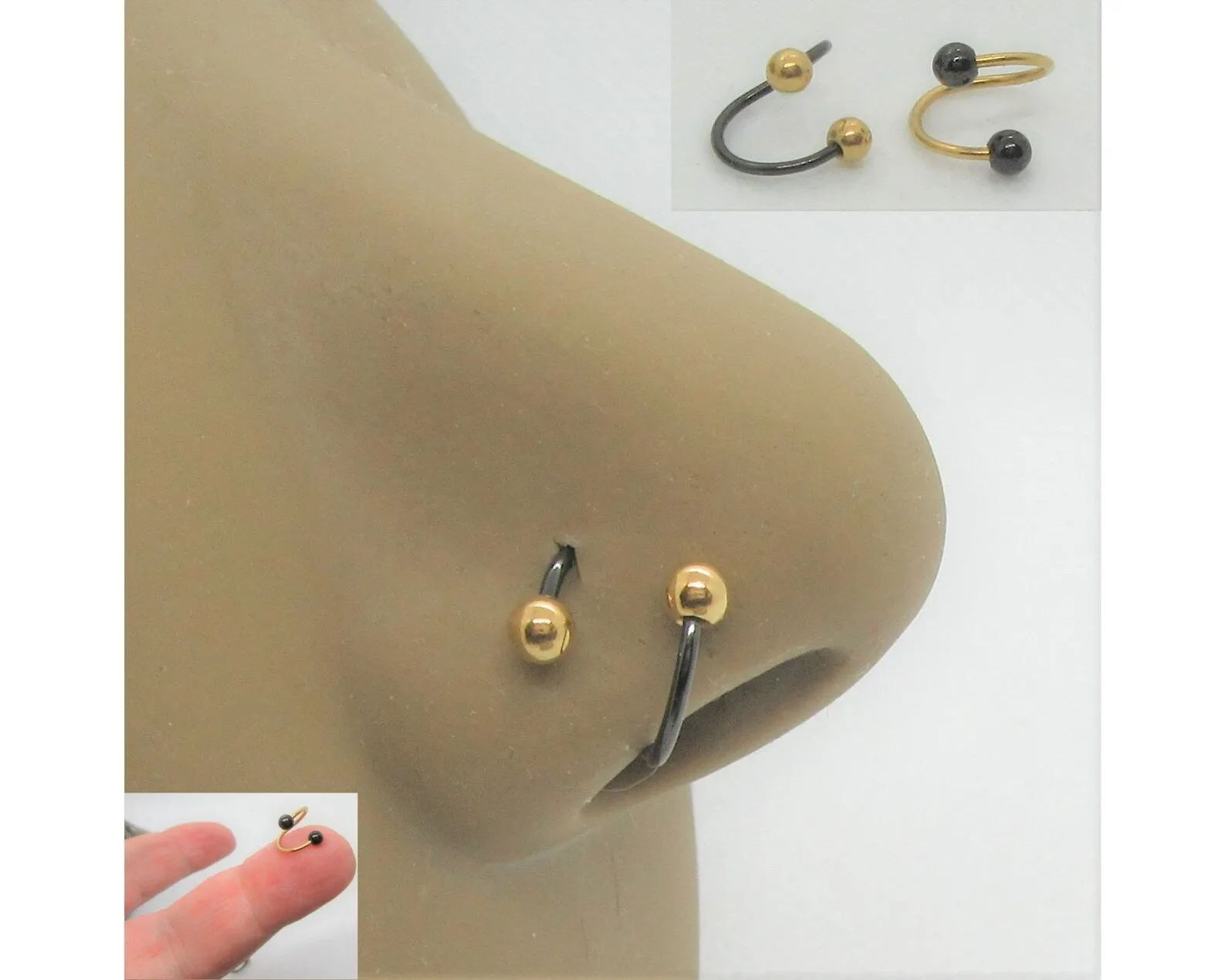 20G Gold Black Nose Ring Stud Nose Jewelry Twisted Nose Hoop Nose Ring Nose Hoop 20 Gauge Nostril Ring 8mm diameter