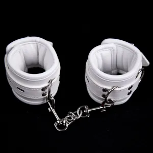 2465MQ-SIS     Sissy Servant Padded Locking White Bondage Wrist Cuffs with Connection Chain