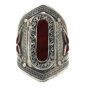 Afghan Tribal Womens Handmade Oxidized Engraved Big Vintage Cuff in Red Stone - Boho Chic Trendy Stylish - Duel On Jewel