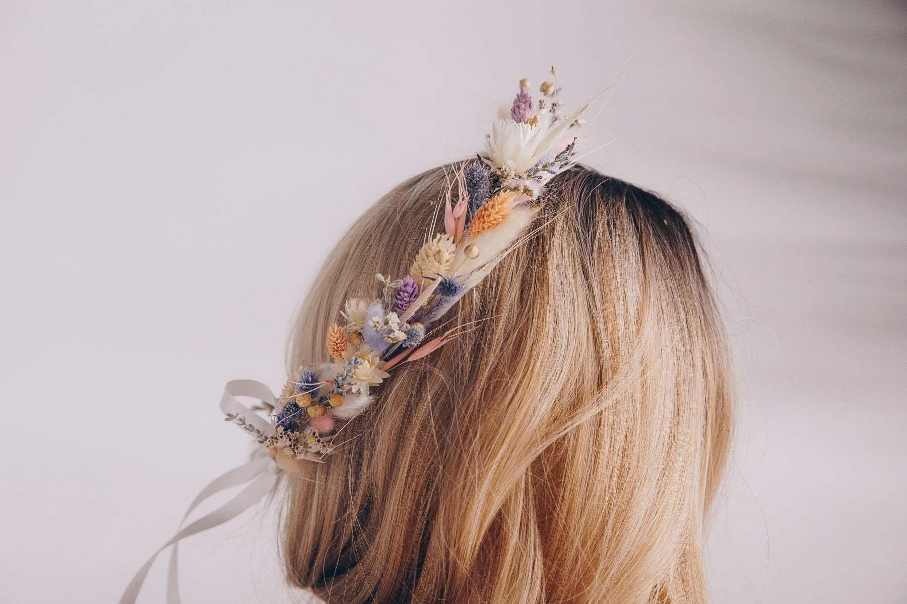 All Pastel Colors Wildflfower Boho Crown / Phalaris, Flax Seed and Bunny Tails Dried Flowers