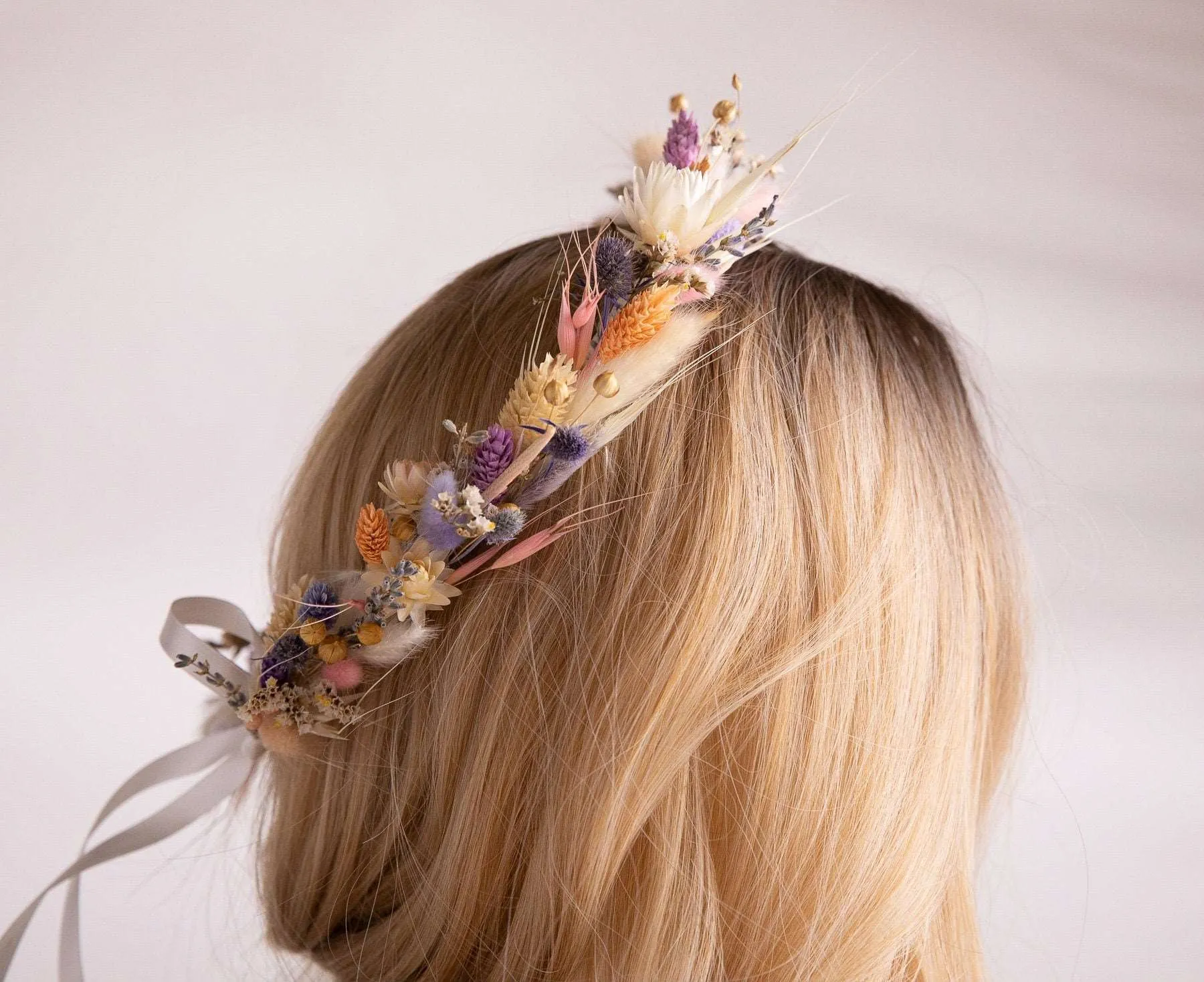 All Pastel Colors Wildflfower Boho Crown / Phalaris, Flax Seed and Bunny Tails Dried Flowers