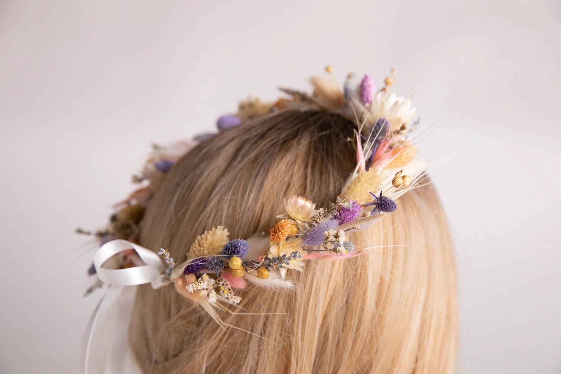 All Pastel Colors Wildflfower Boho Crown / Phalaris, Flax Seed and Bunny Tails Dried Flowers