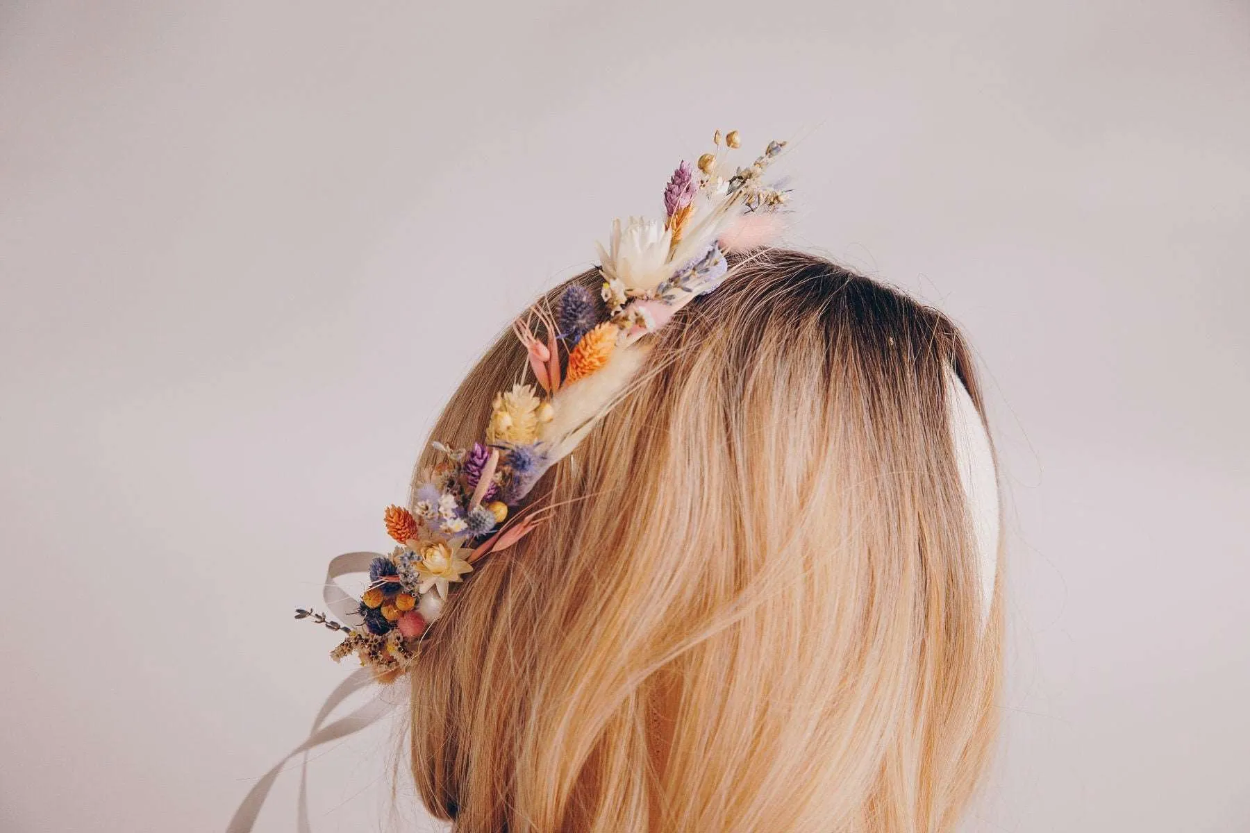 All Pastel Colors Wildflfower Boho Crown / Phalaris, Flax Seed and Bunny Tails Dried Flowers