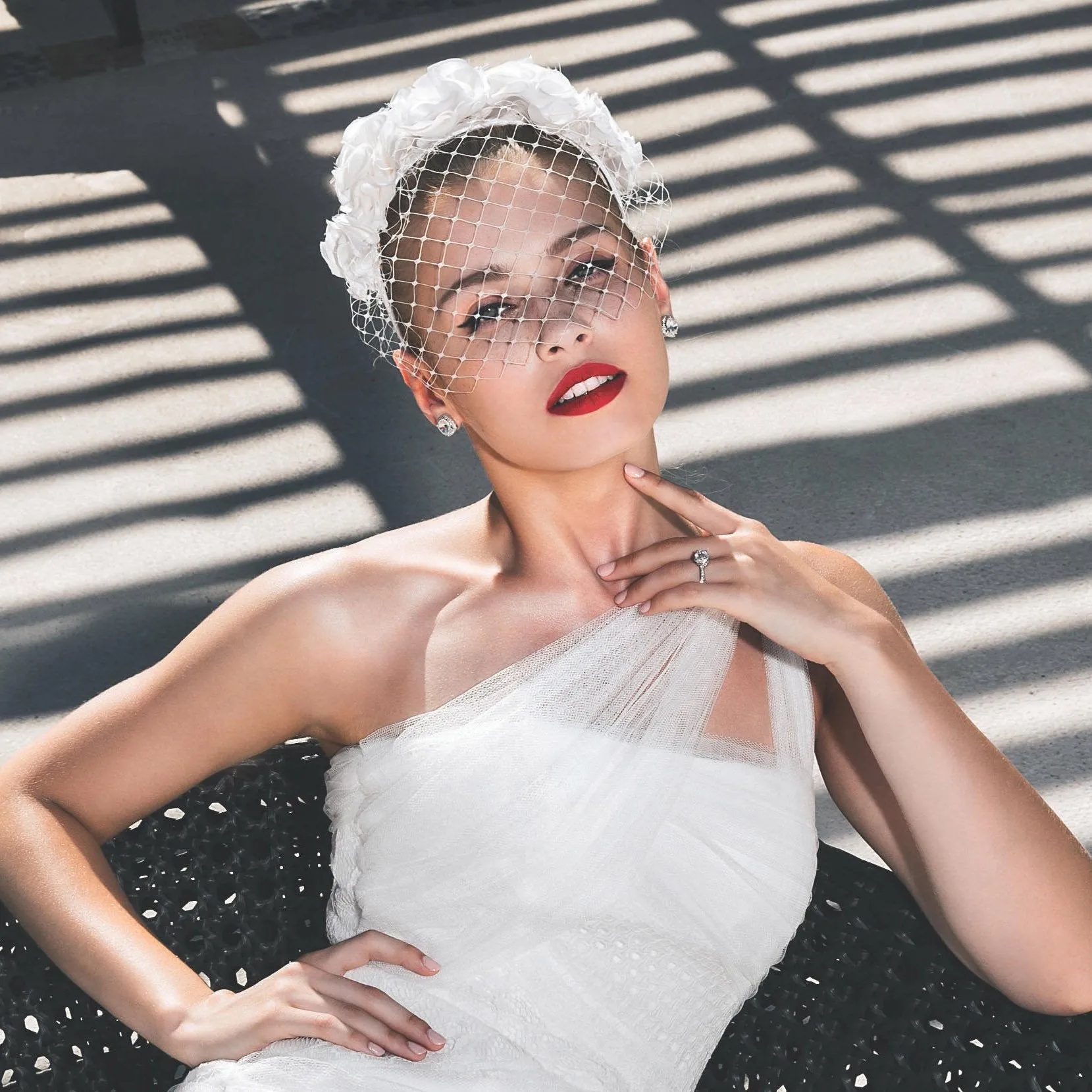 Amalia: Birdcage Veil with Silk Flower Crown