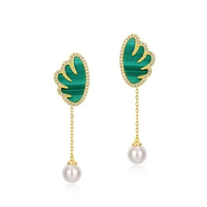 Angel Wing Malachite Tassel Round Pearl Combination Sterling Silver Drop Earrings