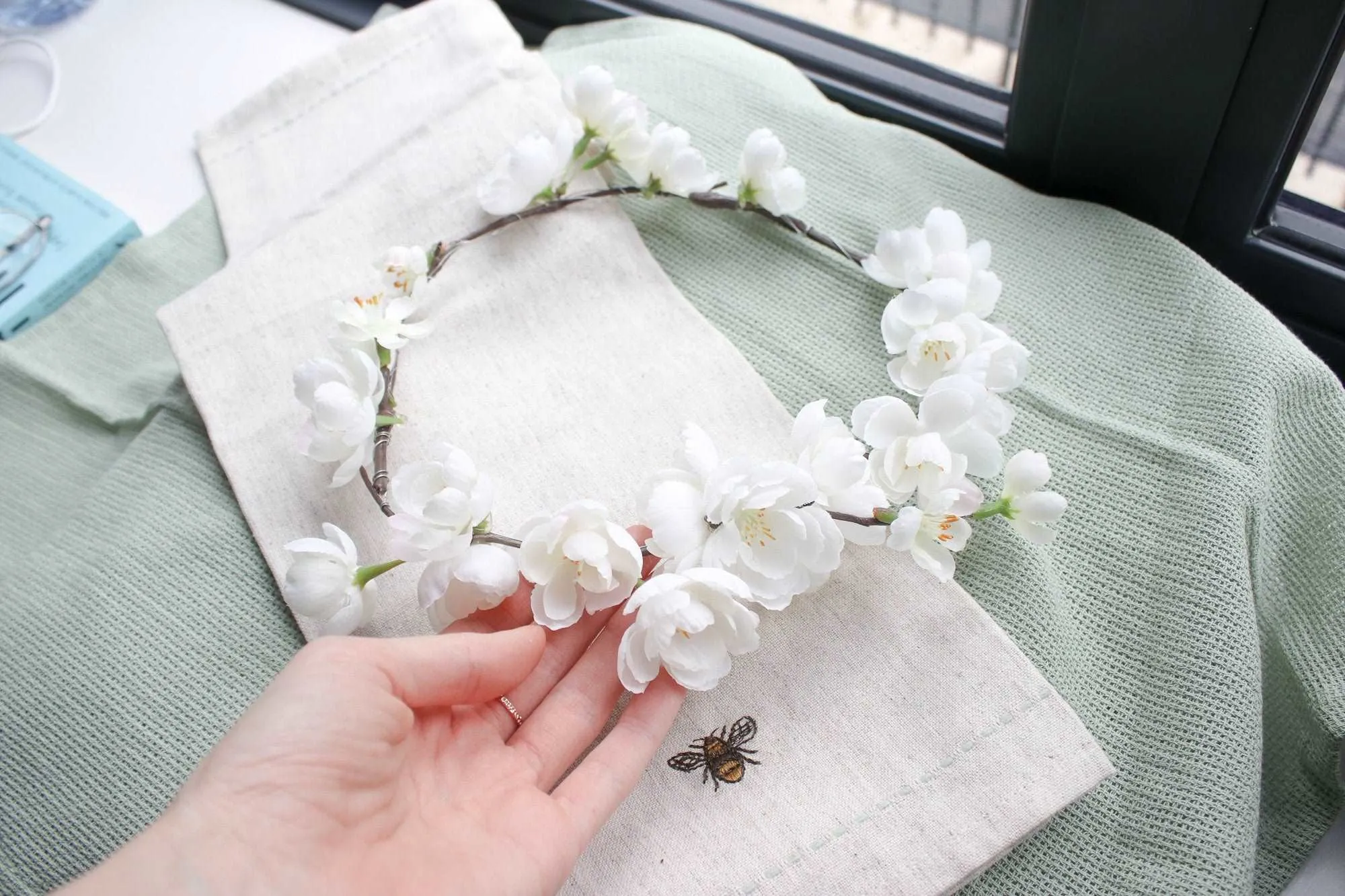 Baby's Breath & Cherry Blossom Crown, BOHO WEDDING FLOWER Crown, Cherry Blossoms Hair Accessory, White Wedding, Rustic Crown, Hair Crown