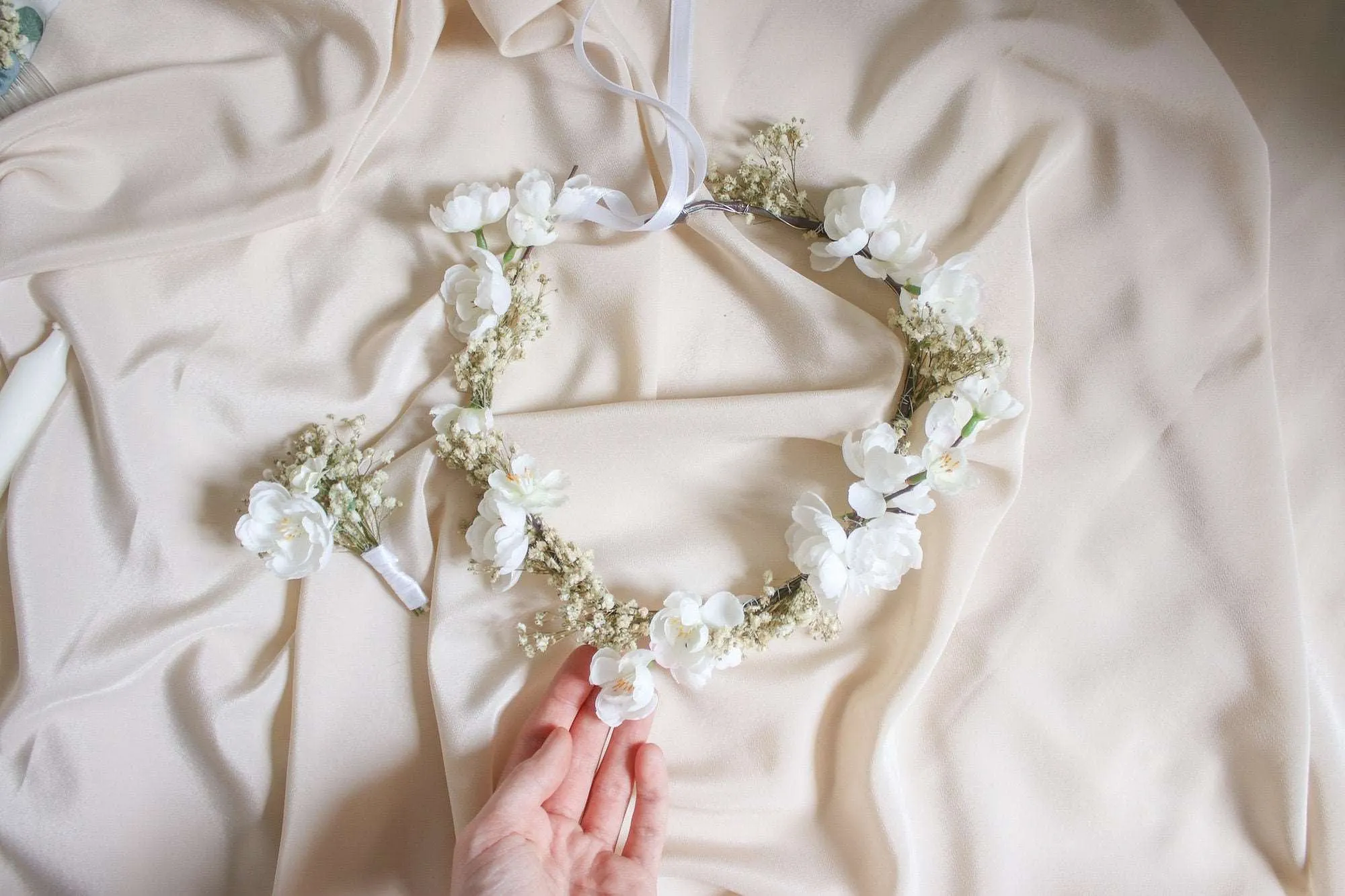 Baby's Breath & Cherry Blossom Crown, BOHO WEDDING FLOWER Crown, Cherry Blossoms Hair Accessory, White Wedding, Rustic Crown, Hair Crown