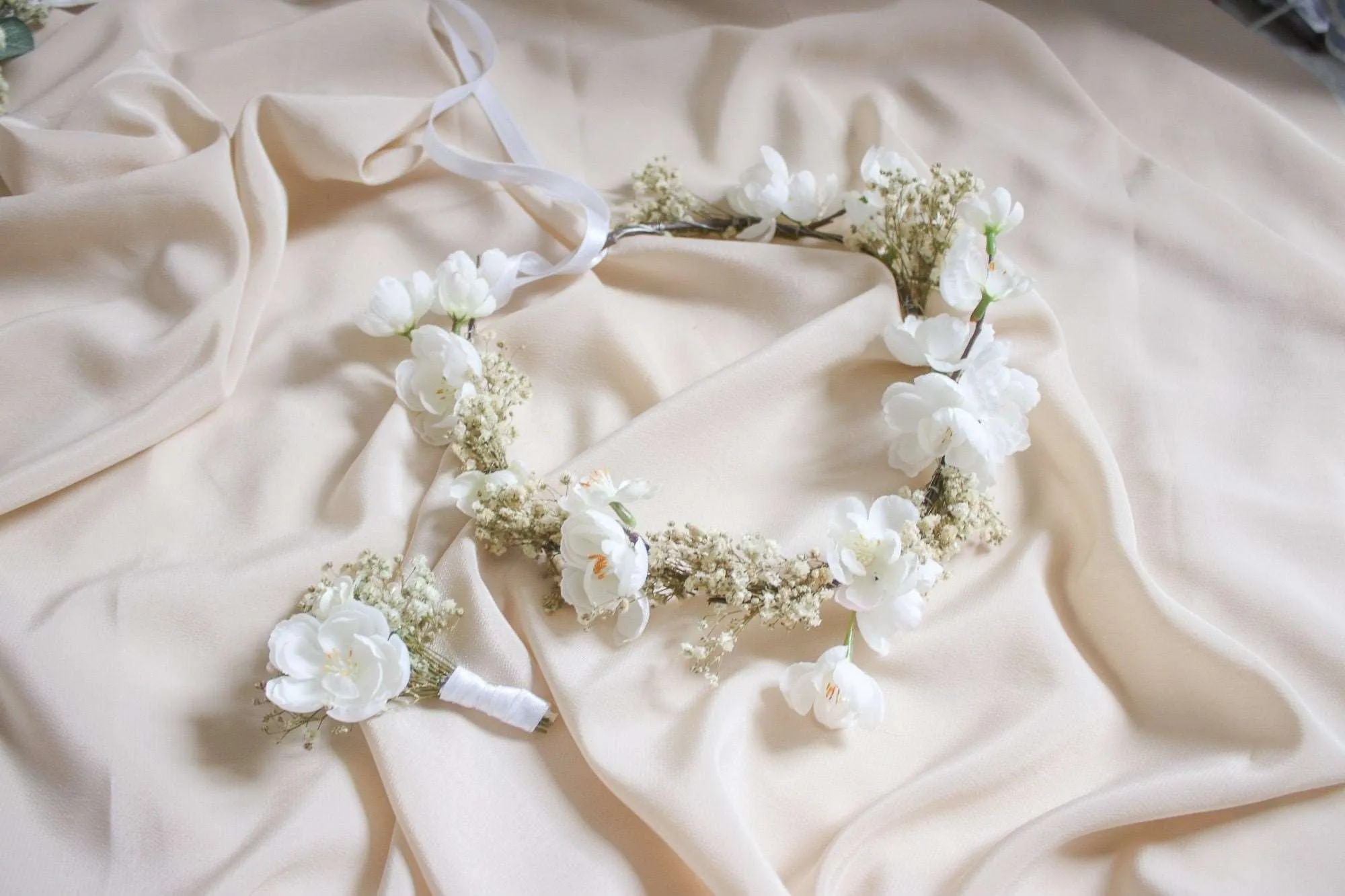 Baby's breath and Cherry blossoms Flower Crown set, Adult size crown, Child size crown