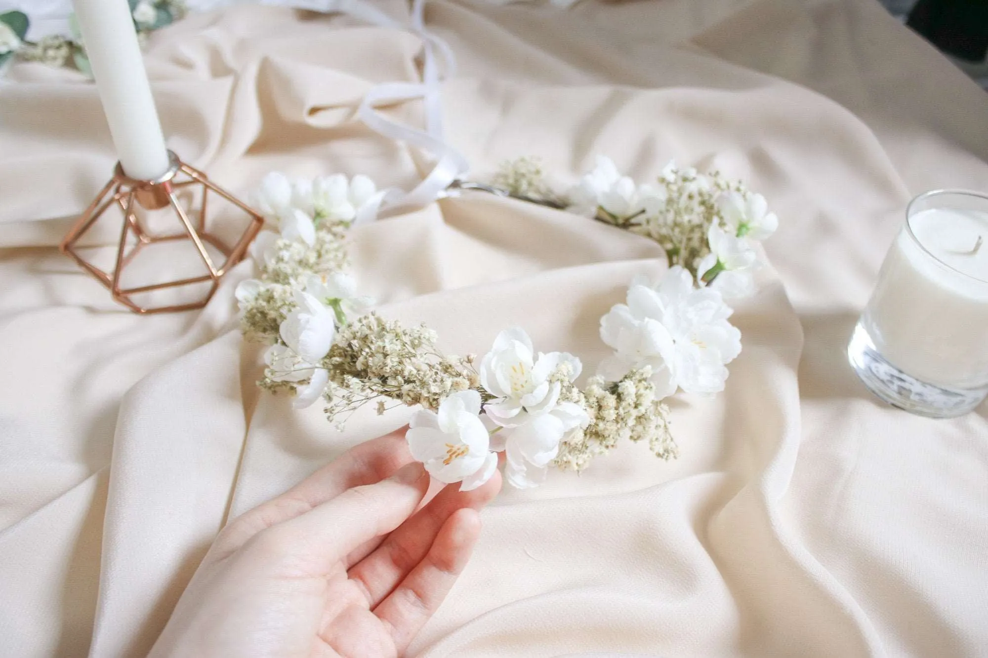 Baby's breath and Cherry blossoms Flower Crown set, Adult size crown, Child size crown