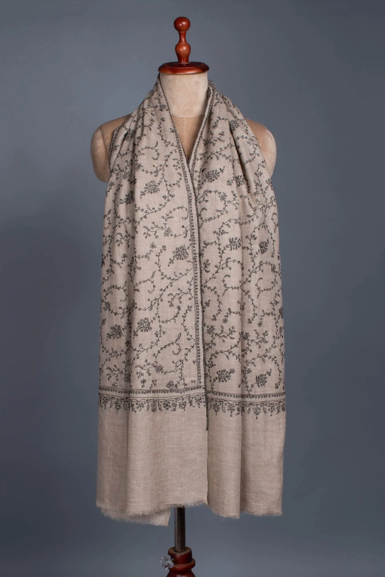 Beige and Black Kashmiri Pashmina Scarf - KAYSERBERG