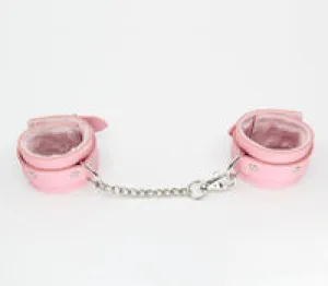 Berlin Baby Faux fur lined vegan leatherette adjustable wrist restraints with detachable chain join Pink and Silver Handcuffs