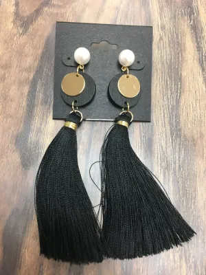 Black Tassel Earrings with Pearl Post