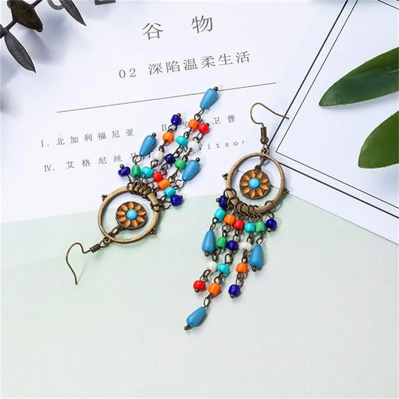 Bohemian long acrylic beads tassel drop earrings jewelry for women