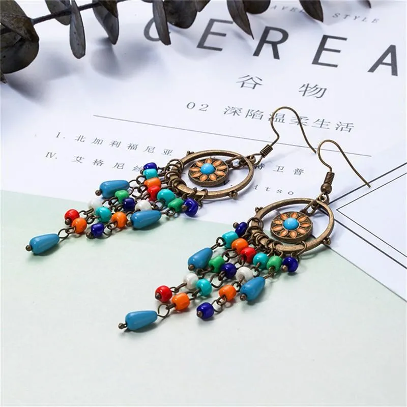 Bohemian long acrylic beads tassel drop earrings jewelry for women