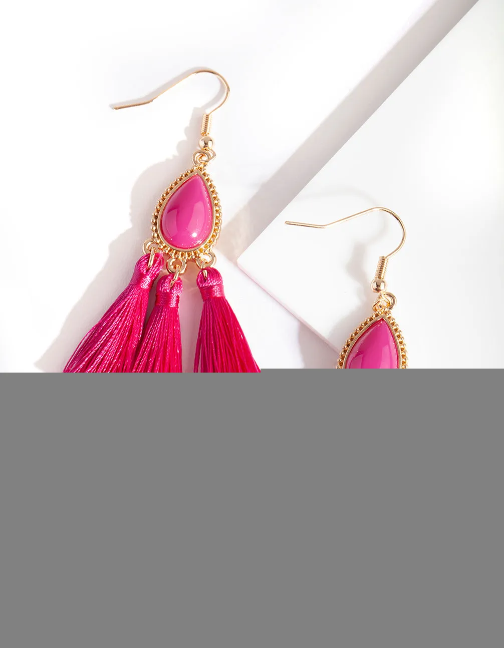 Bright Pink Gem Tassel Earrings