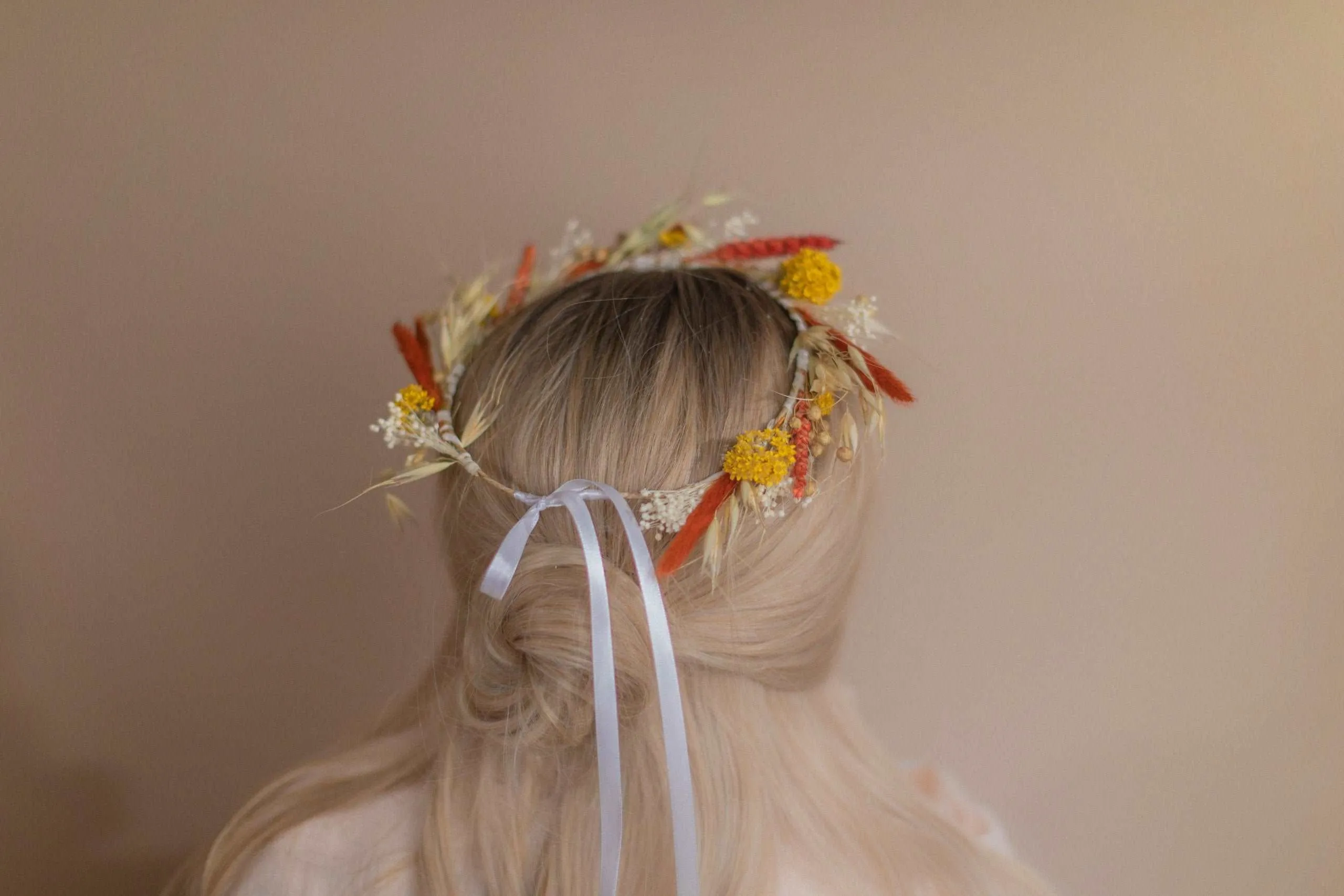 Burnt Orange & Yellow Hair Crown Wedding Boho Set / Wedding Dried Flowers