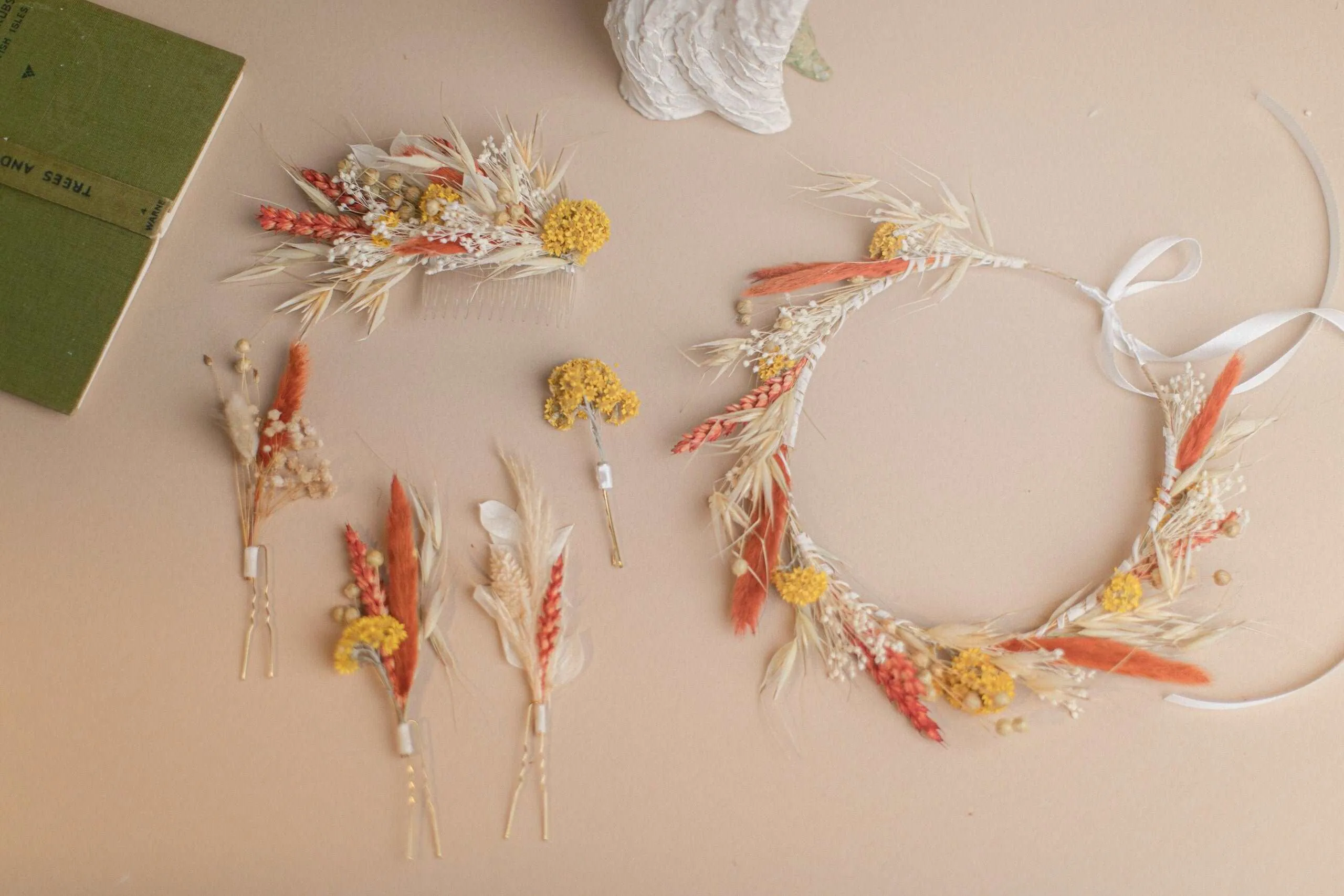 Burnt Orange & Yellow Hair Crown Wedding Boho Set / Wedding Dried Flowers