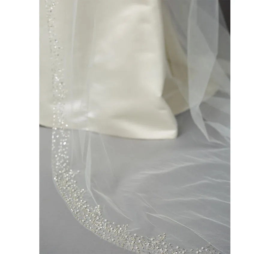 Cathedral Ivory Bridal Veil with Pearl Beaded Edging