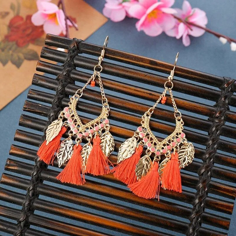 Colorful Bohemian Trend Leaf Tassel Drop Earrings