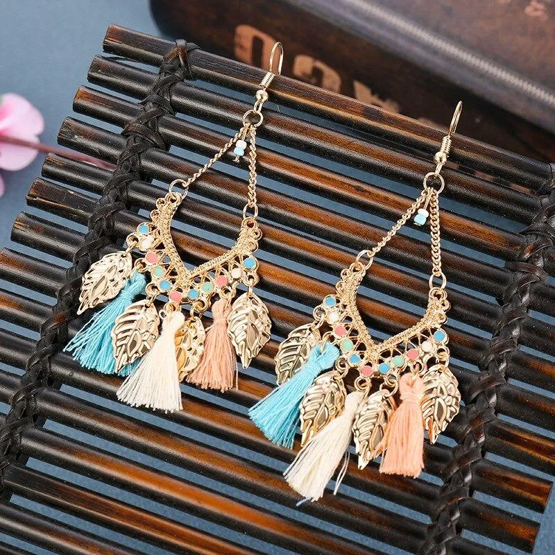 Colorful Bohemian Trend Leaf Tassel Drop Earrings