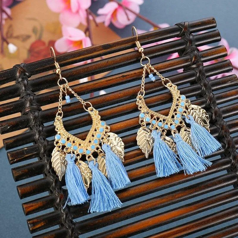 Colorful Bohemian Trend Leaf Tassel Drop Earrings