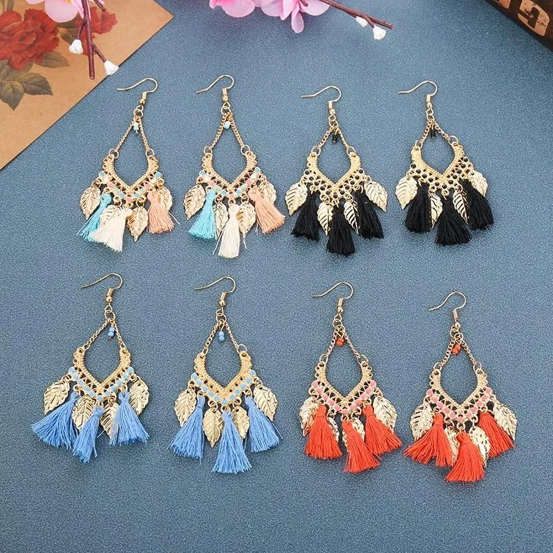 Colorful Bohemian Trend Leaf Tassel Drop Earrings