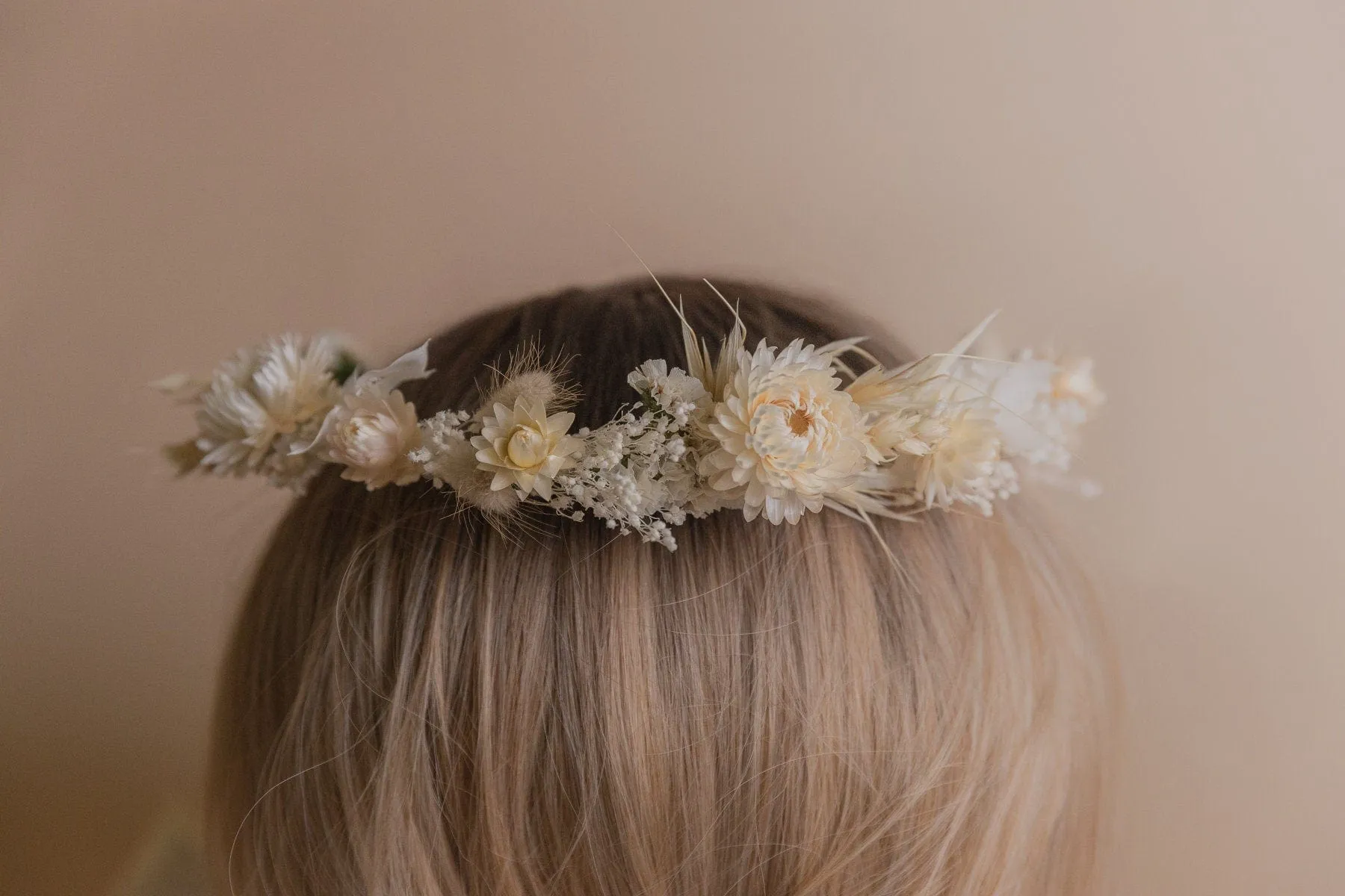 Cream Straw Flowers and Statice Crown / Broom Bloom Dried Grasses Crown / Dried Flower Crown / Boho Bridal Crown