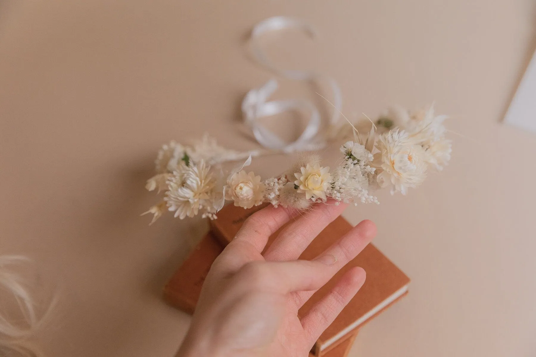 Cream Straw Flowers and Statice Crown / Broom Bloom Dried Grasses Crown / Dried Flower Crown / Boho Bridal Crown