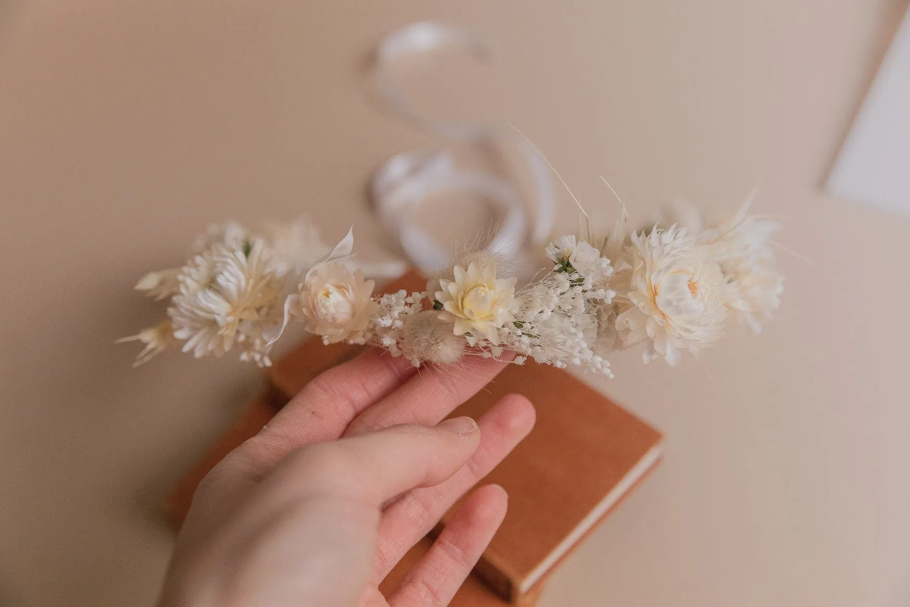 Cream Straw Flowers and Statice Crown / Broom Bloom Dried Grasses Crown / Dried Flower Crown / Boho Bridal Crown