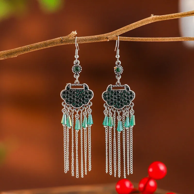 Creative Long Life Lock Retro Tassel Earrings Women's Full Diamond Long Style Temperament Earrings