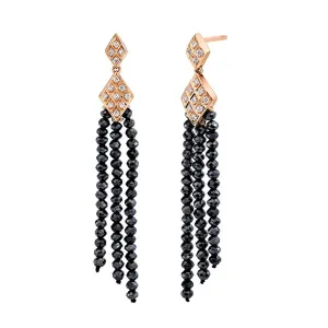 Criss Cross 9.68ct Black Diamond Beads and 0.14ct Diamond G/VS2 Deco Tassel Earrings in 18K Rose Gold