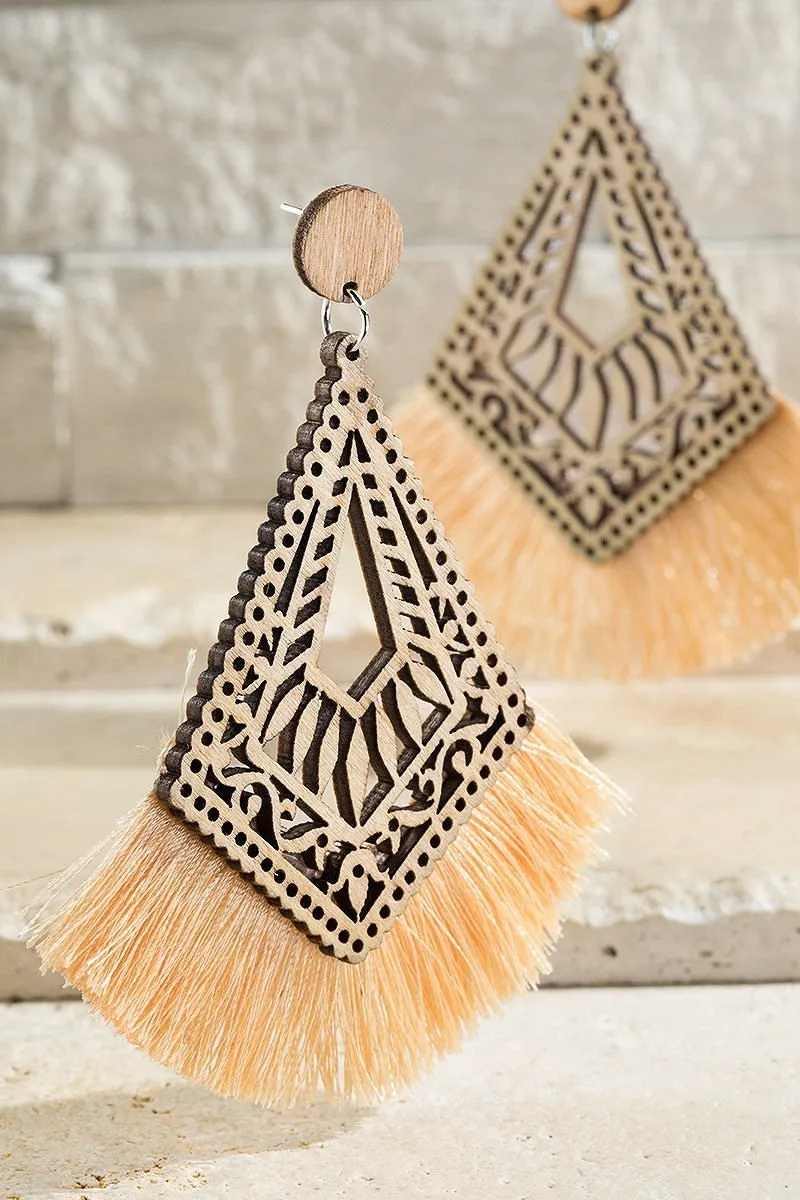 Dazzling Fine Thread Tassel Wood Dangle Drop Earrings