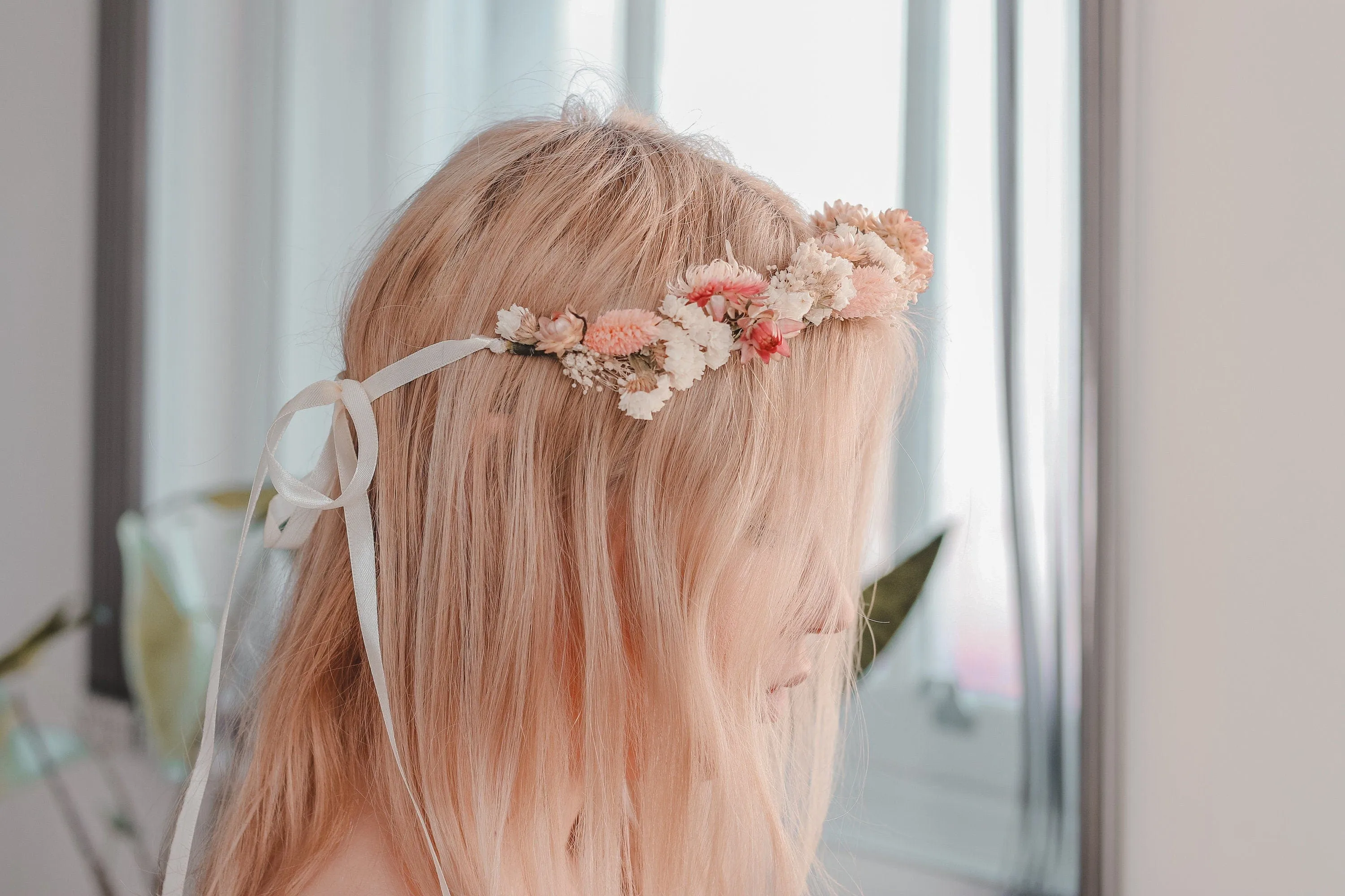 Dried Flower Crown , Blush Pink Cream Real Dried Flower Crown, Boho Flower Crown