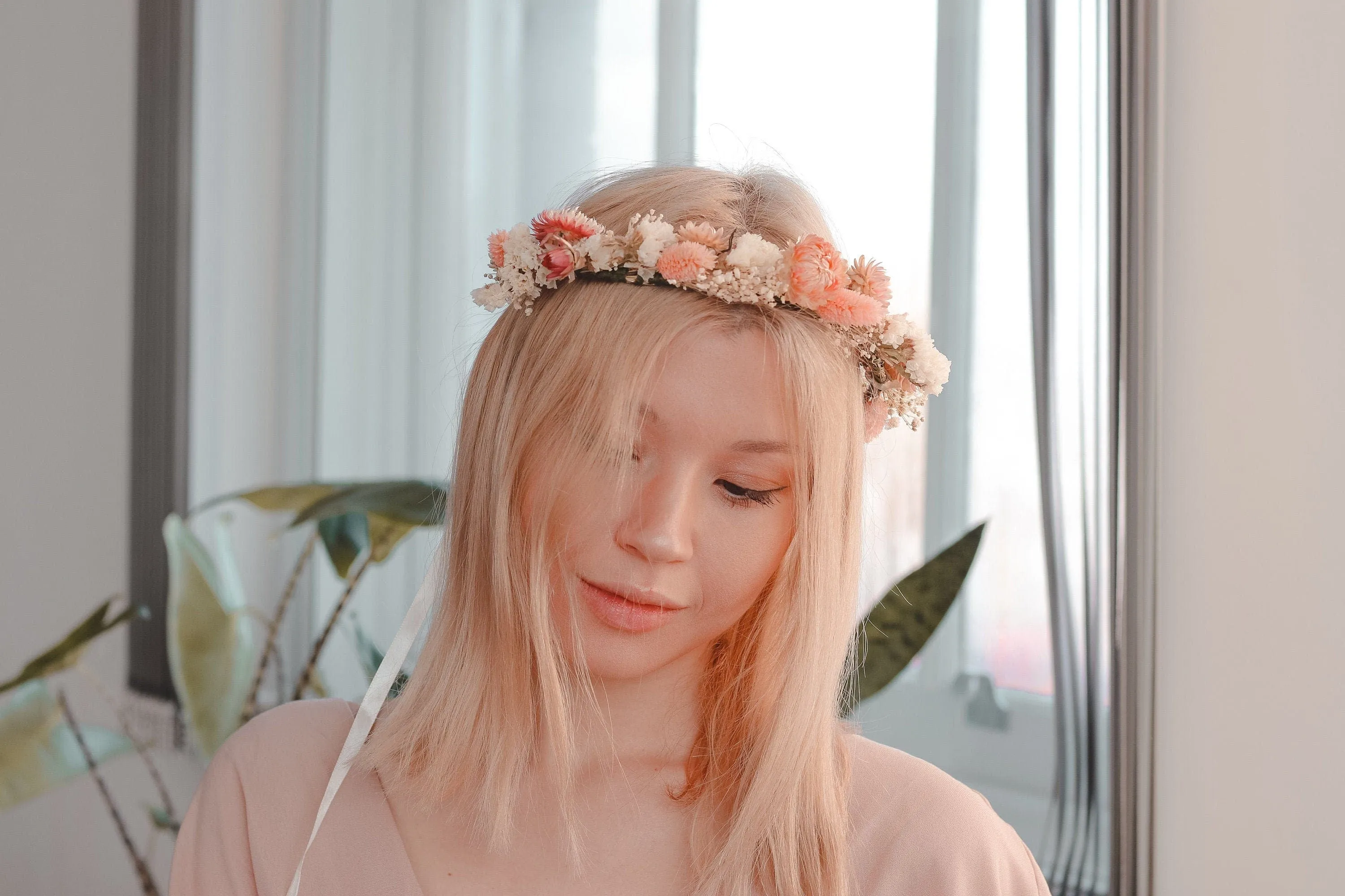 Dried Flower Crown , Blush Pink Cream Real Dried Flower Crown, Boho Flower Crown