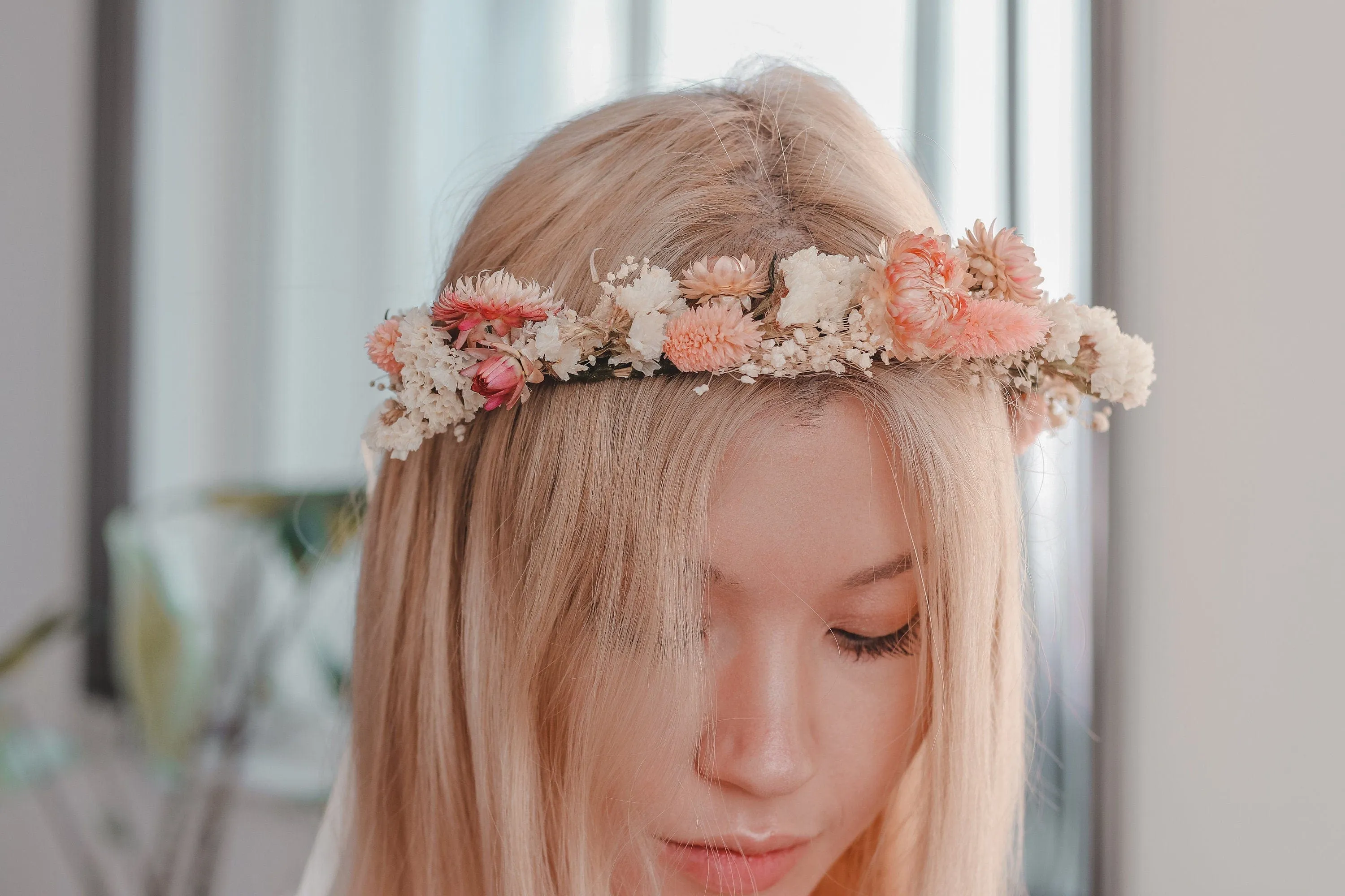 Dried Flower Crown , Blush Pink Cream Real Dried Flower Crown, Boho Flower Crown