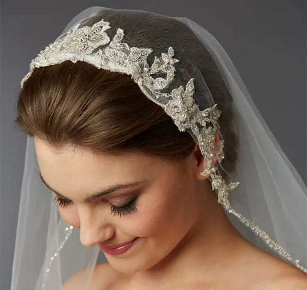 Fingertip Ivory Bridal Veil with Applique Headpiece