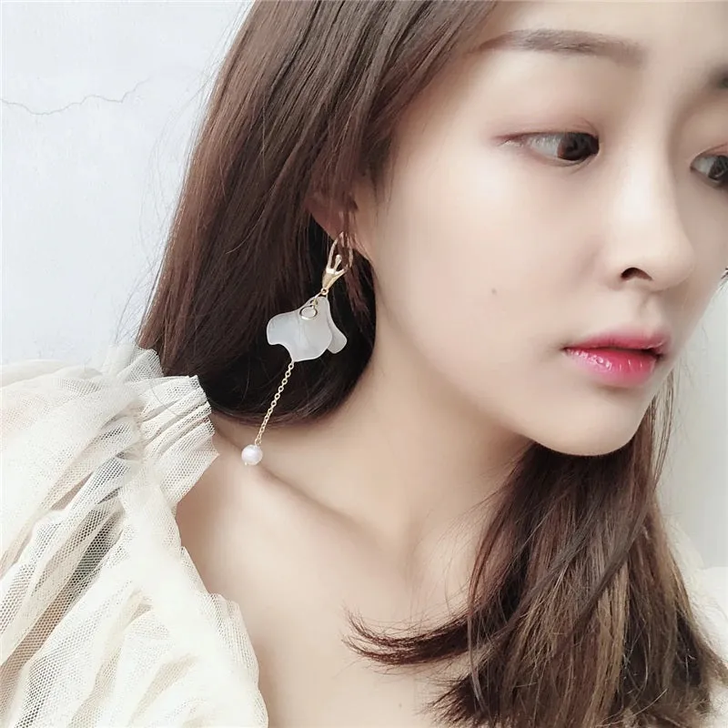 Girl Shaped Flower Petals Long Tassel Drop Earrings