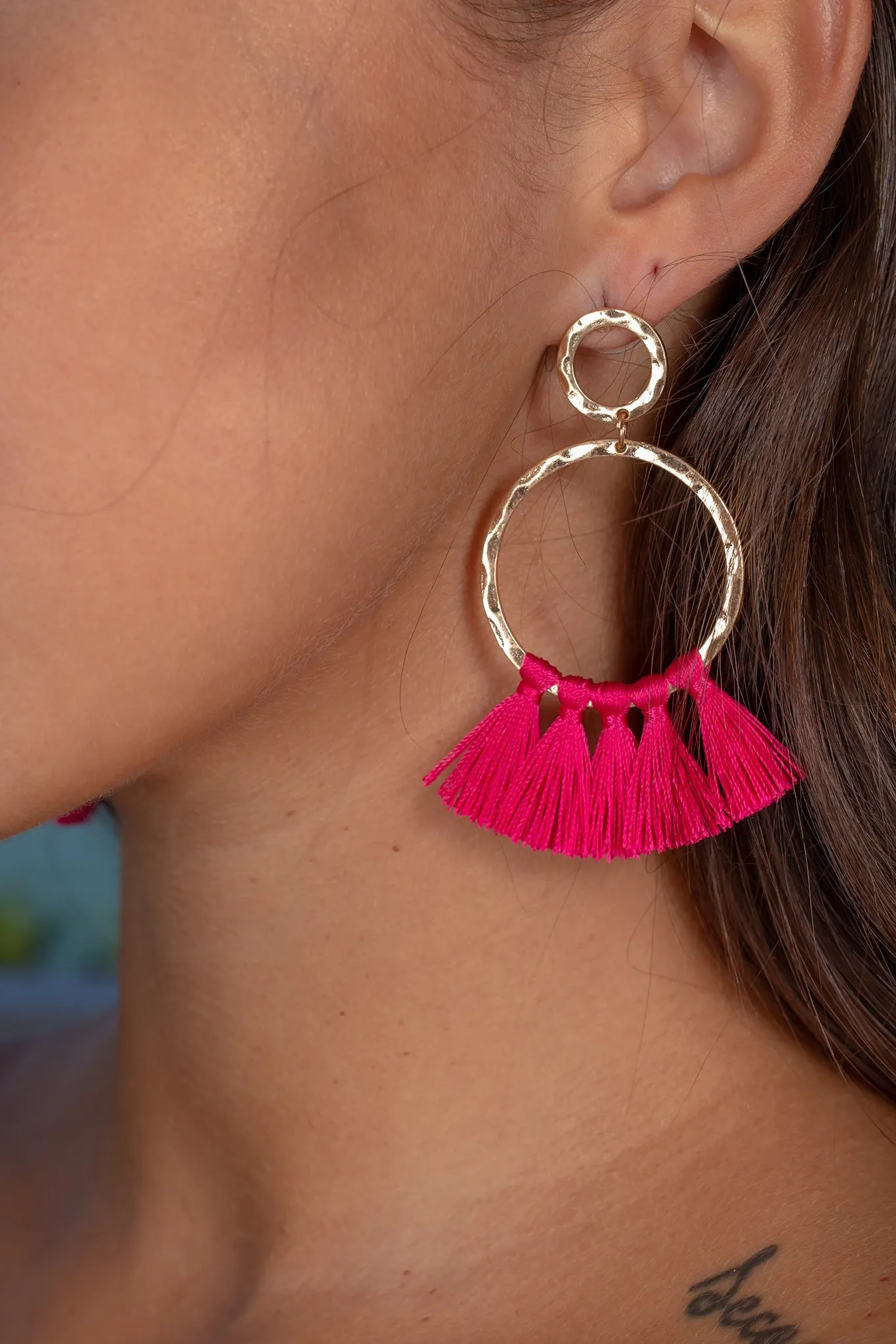 Gold and Fuchsia Tassel Earrings