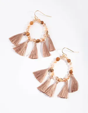 Gold Brown Beaded & Tassel Drop Earrings