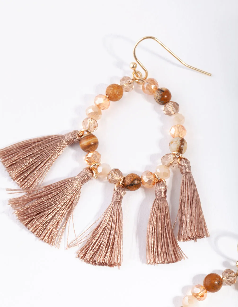 Gold Brown Beaded & Tassel Drop Earrings