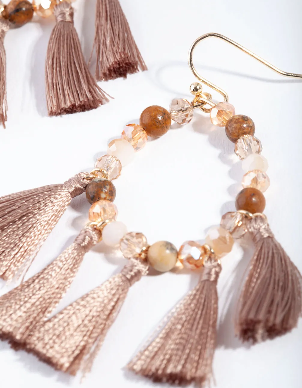 Gold Brown Beaded & Tassel Drop Earrings