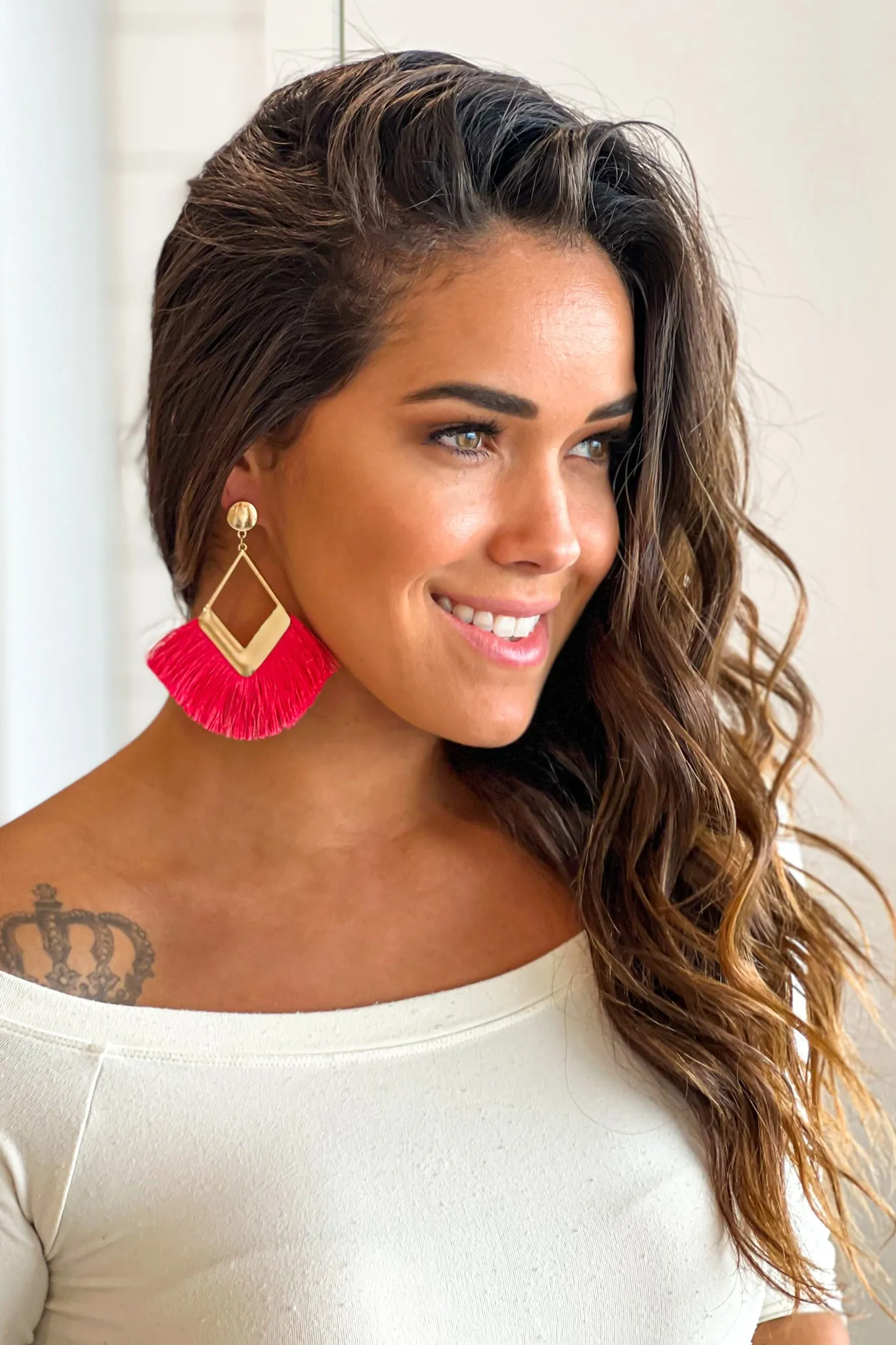 Gold Statement Earrings with Coral Tassel