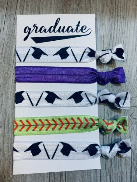 Graduation Softball Hair Ties Set - Pick Color