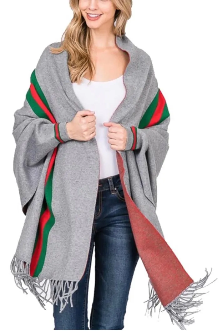 Gray Poncho Stripe Wrap with Sleeves