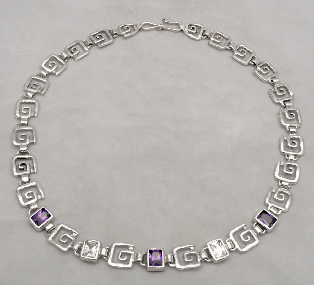 Greek Key Meander Necklace in Sterling Silver with zircon (PE-02)