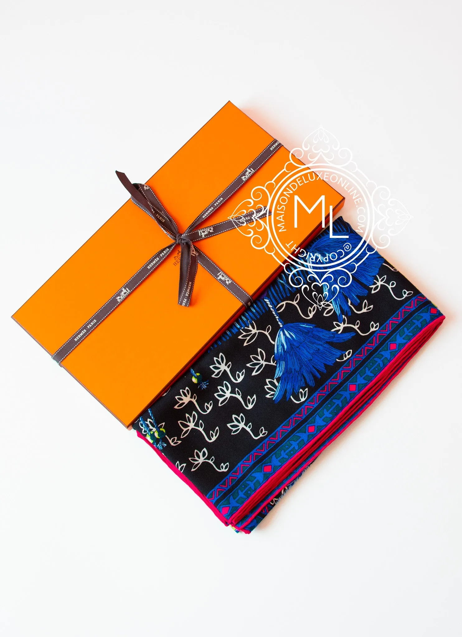 Hermes "Cavaliers du Caucase" Blue Cashmere 140 GM Shawl Scarf