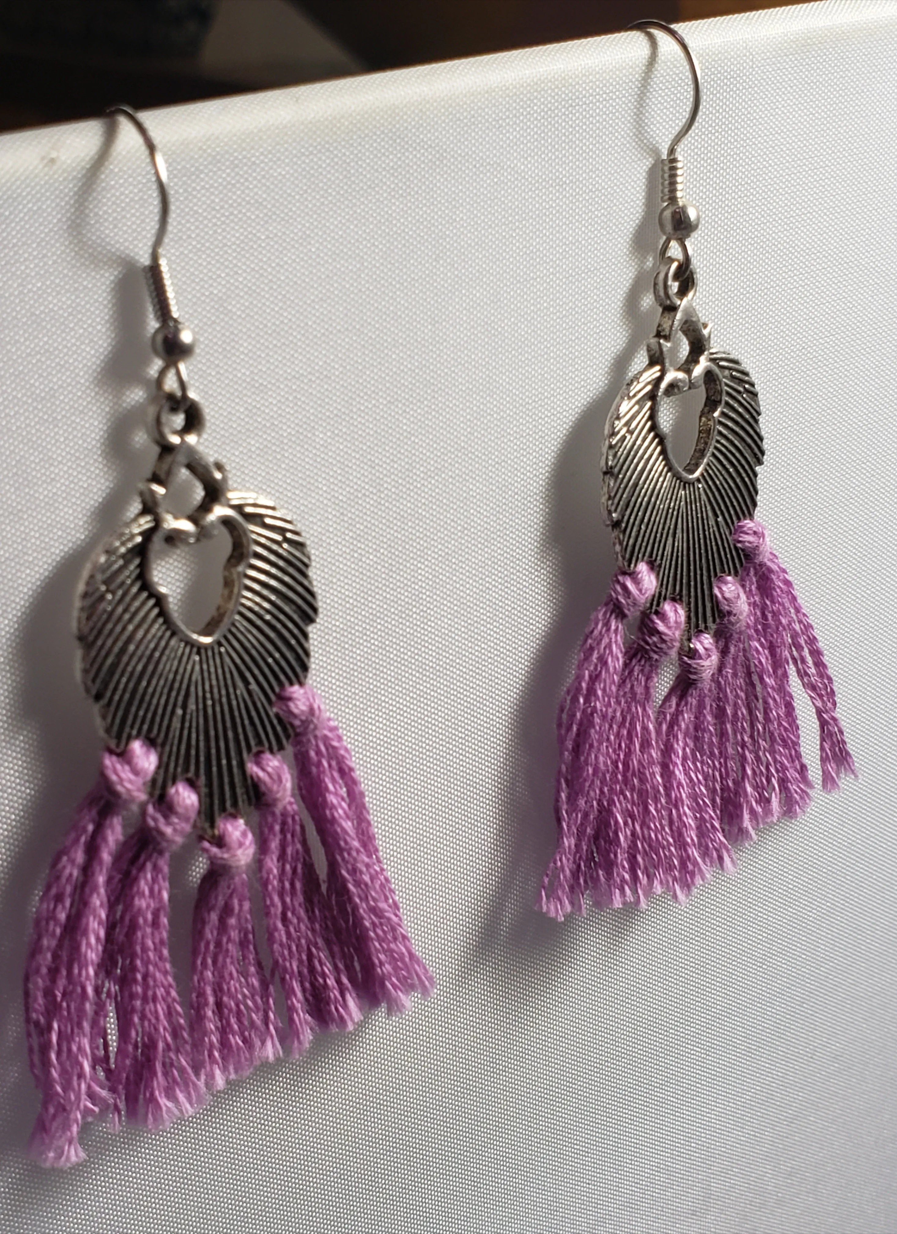 Hypoallergenic Silver Tone Metal Earrings with Pink Tassels on Fish Hook Earrings