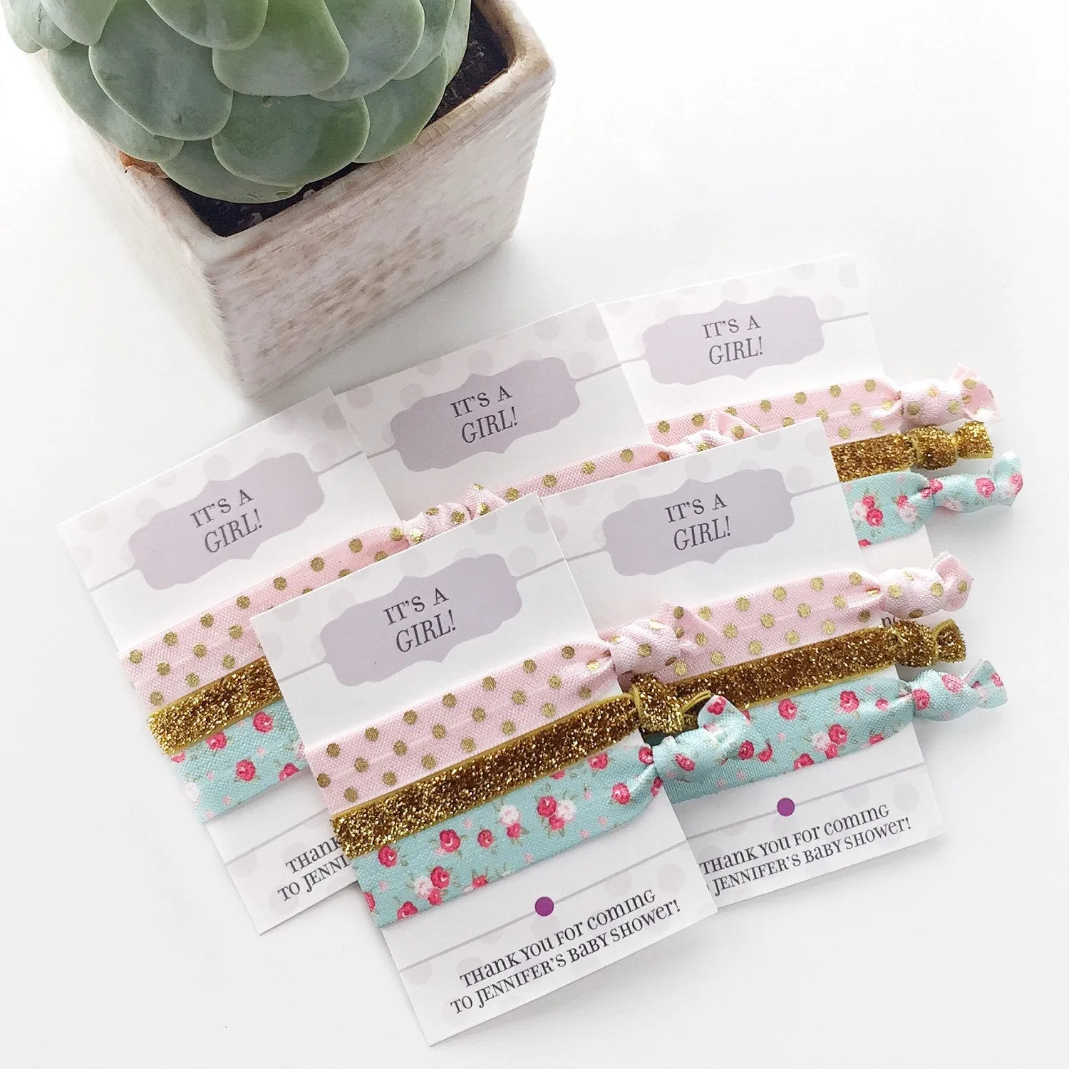 It's a Girl Baby Shower Favors, Pink and Aqua Floral, Hair Ties