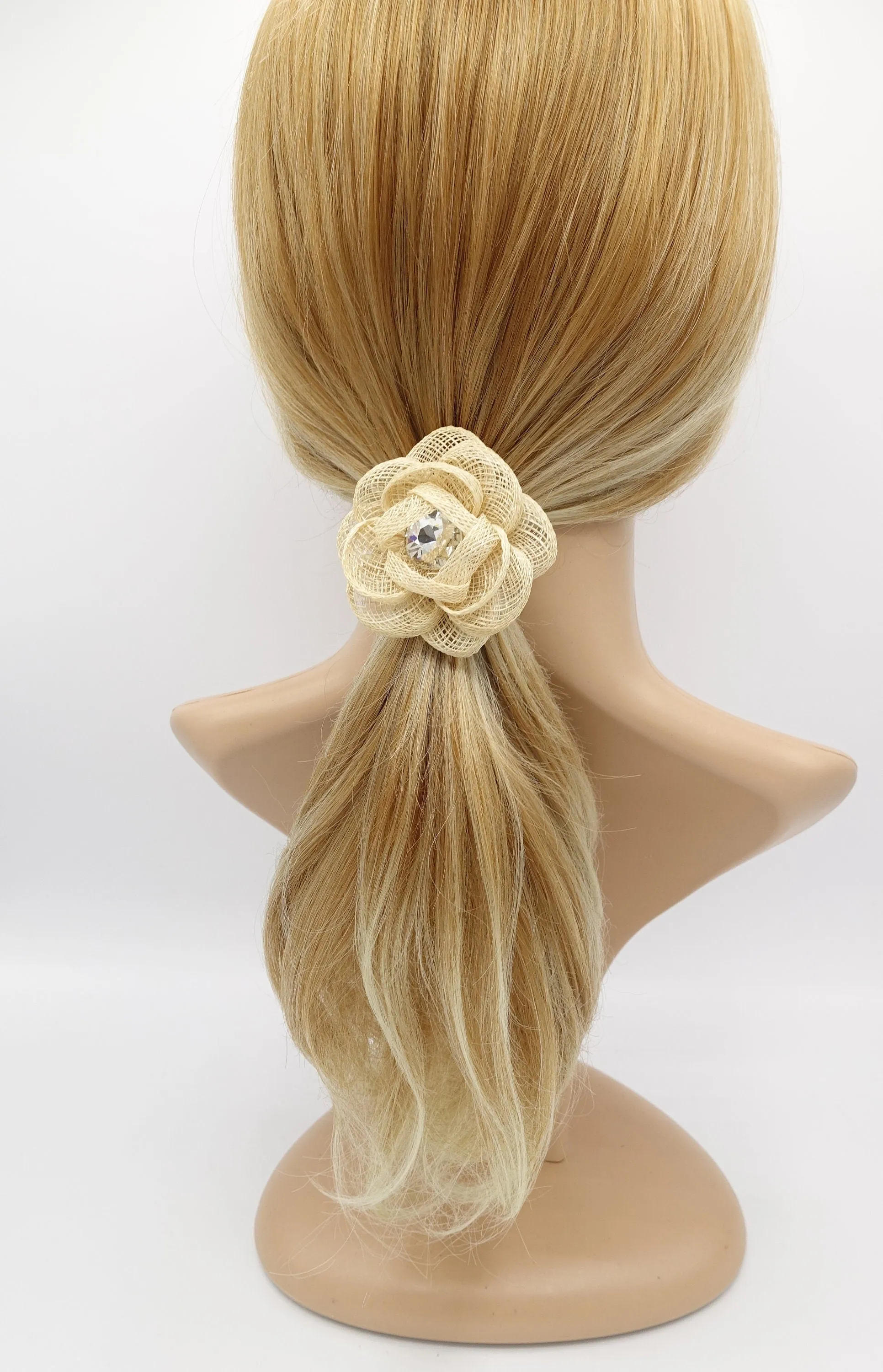 jute camelia hair tie flower ponytail holder