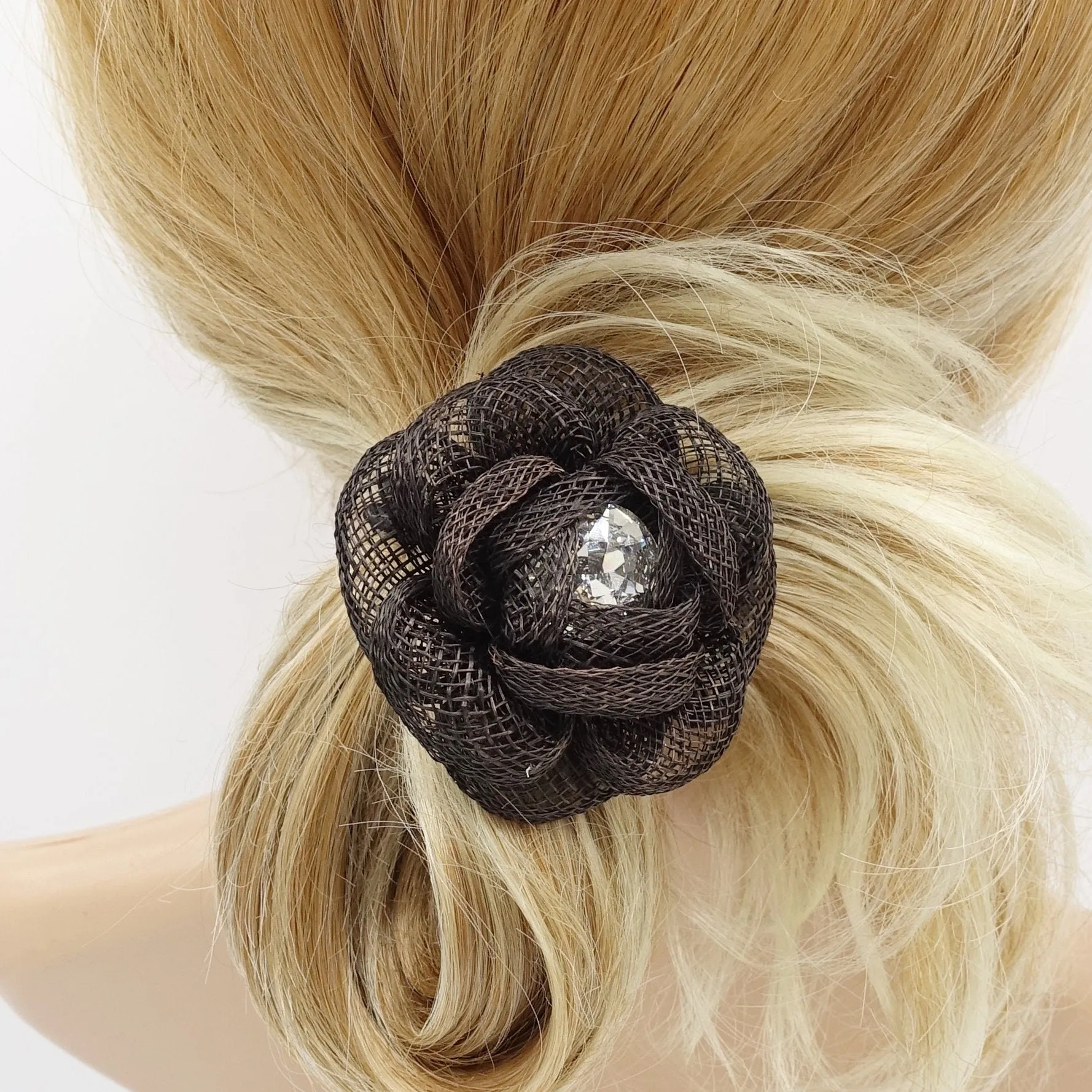 jute camelia hair tie flower ponytail holder